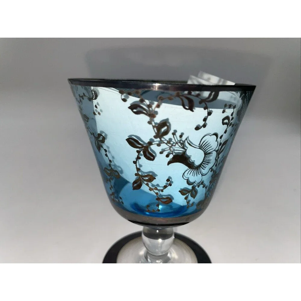Cobalt Blue 6 wine cocktail stems inlaid sterling man in Asian scene flowers 4”